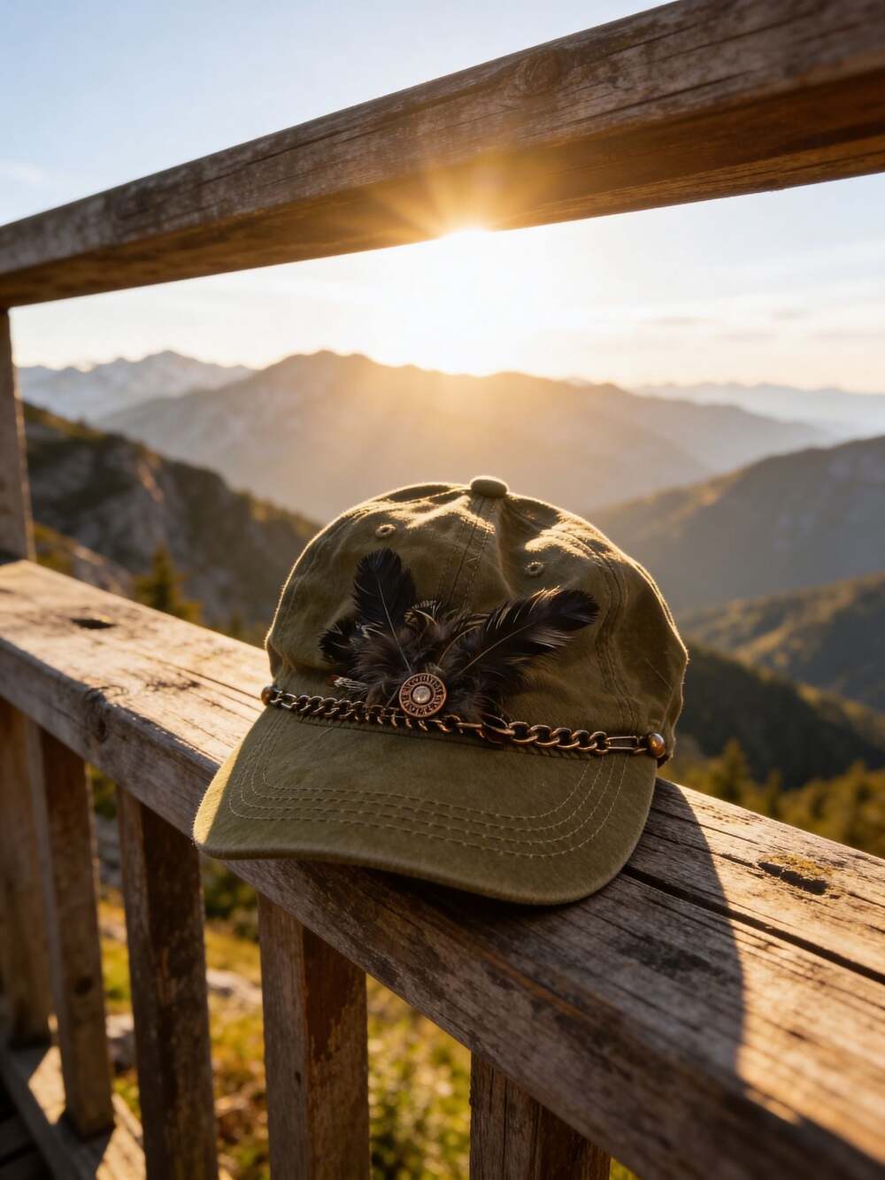 Indiana Designer Feather and Chain Accent Distressed Baseball Cap, Olive Green,